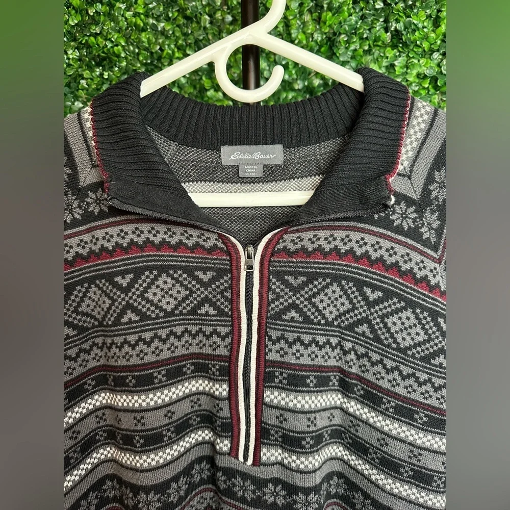 Eddie Bauer Men’s XL 1/4 Zip Black & Red Nordic Fair Isle Sweater